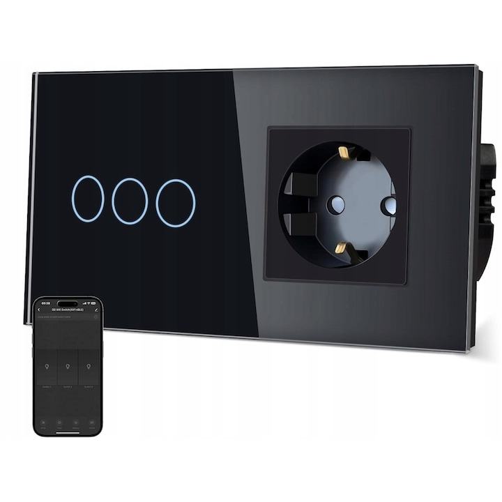 Priza Inteligenta WiFi Tuya Smart Life cu Intrerupator Touch Sticla Neagra, Compatibil Alexa Google Home, Control Telefon, Montaj Incastrat