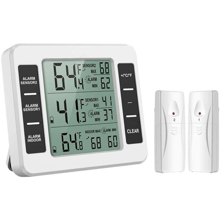 Termometru digital pentru frigider, cu senzori wireless, monitorizare temperatura, 2 senzori, 100m, alb