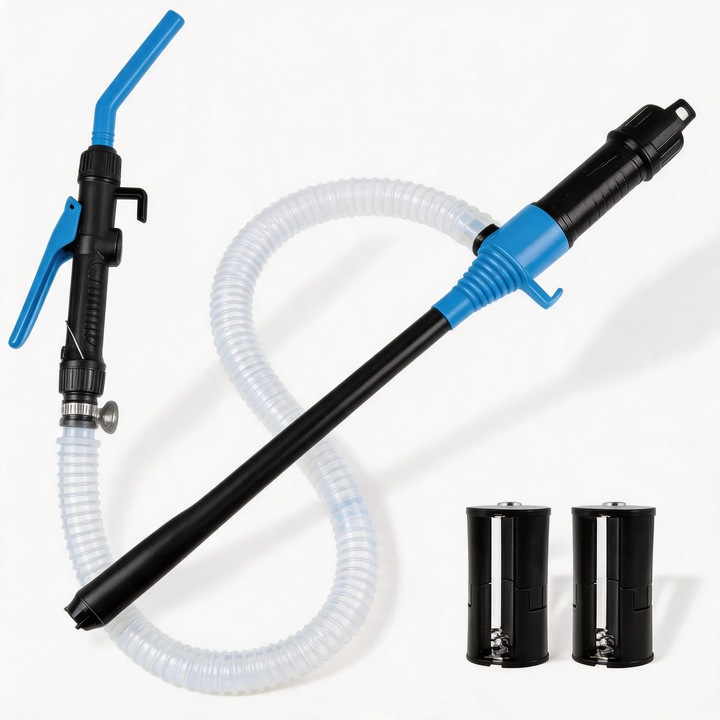 Pompa electrica portabila combustibil Puepoul, 9L/min, pompa cu tragaci, furtun 90cm, alimentare baterii, albastra