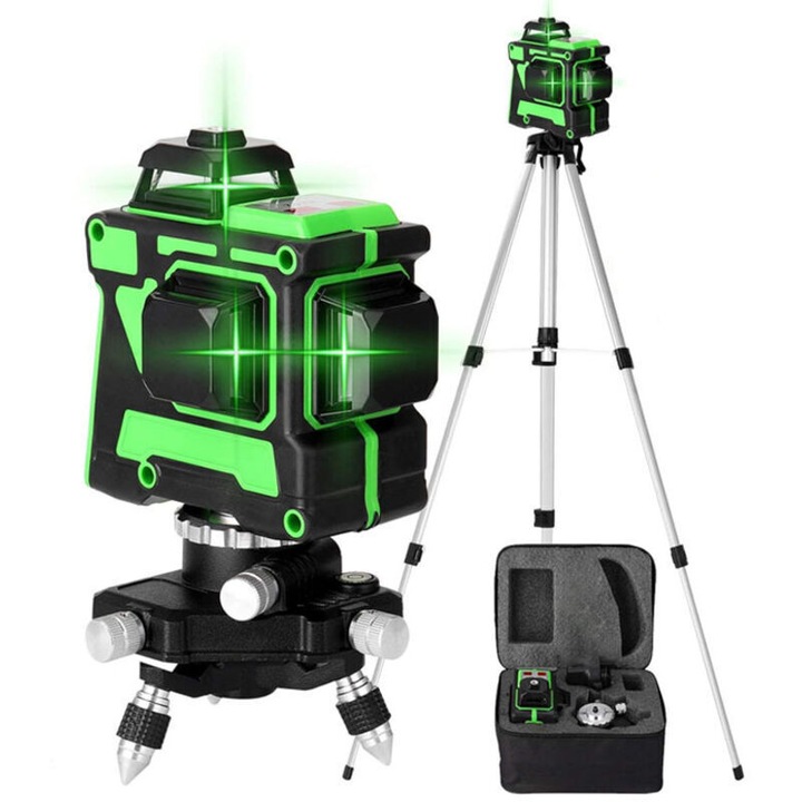 Set nivel laser 3D cu 12 linii, inaltime ajustabila, suport tripied, 30m, verde