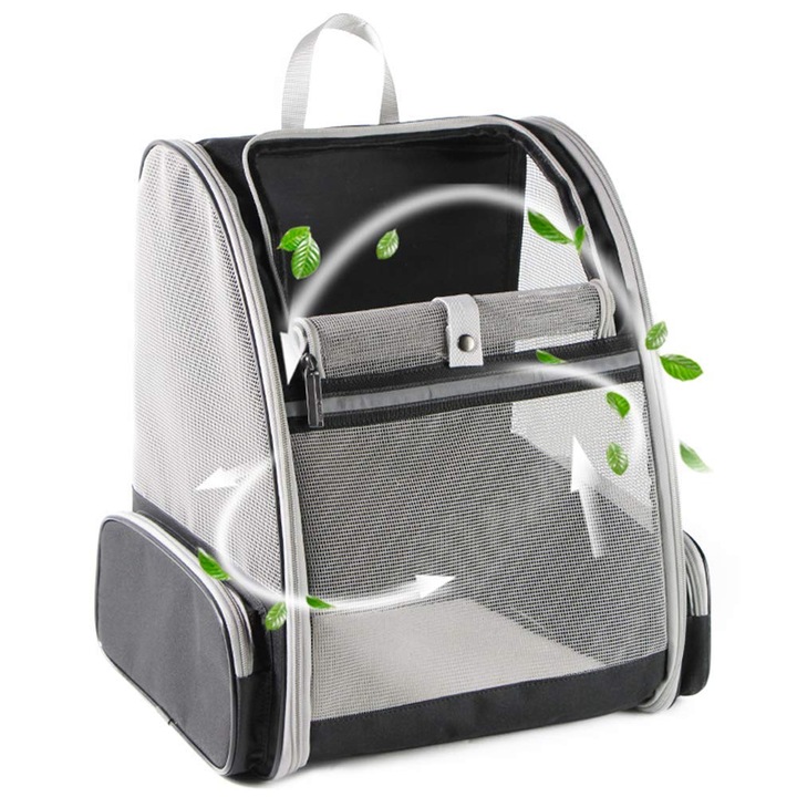 Rucsac transport pisici si caini talie mica AMRTI®, pliabil, ventilatie optima, vizibilitate panoramica, capacitate maxima 8 kg, design ergonomic, ideal pentru calatorii si veterinar, culoare Negru
