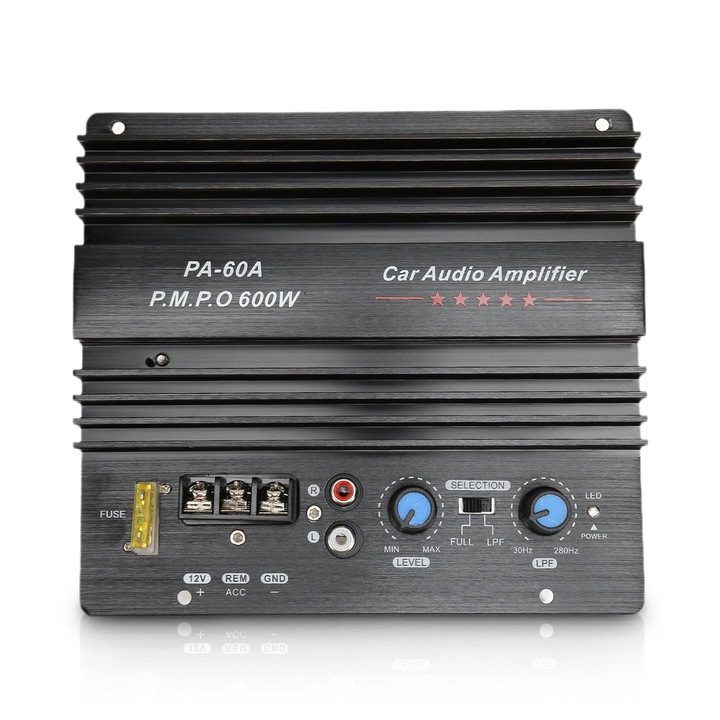 OUYLAF 600W mono autós mélynyomó erősítő, 12V, alumínium, kompakt méretek, autós hangszórók módosításához, intenzív basszus, 17cm×15.5cm, fekete