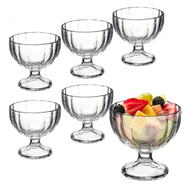 Set 6 cupe inghetata ABYZ, sticla transparenta fatetata, 270 ml