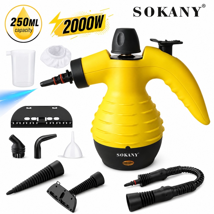 SOKANY Aparat de Curatat cu Aburi, 6 in 1, 2000W, 9 accesorii, Presiune, Rezervor 250ml, indepartarea acarienilor, Curatare Fara Substante Chimice, Cu Maner Ergonomic, Galben-Negru