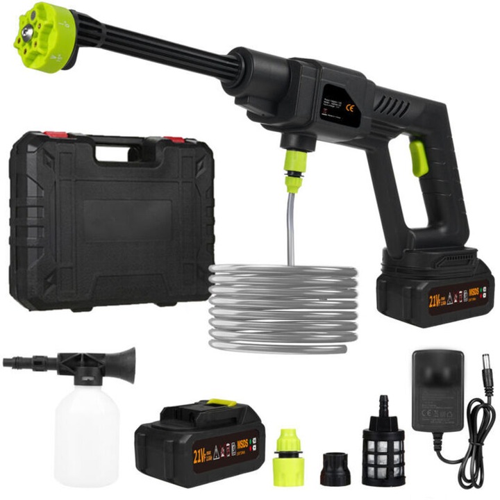 Pistol de spalat cu presiune portabil, 300W, 21V, 30 bar, 2 acumulatori, 6 tipuri de pulverizare, set complet