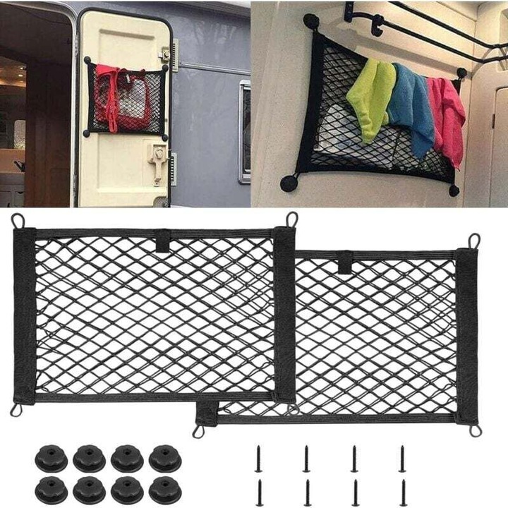 Set de 2 suporturi auto din plasa elastica 25x45cm, negru, cu 8 suruburi de fixare