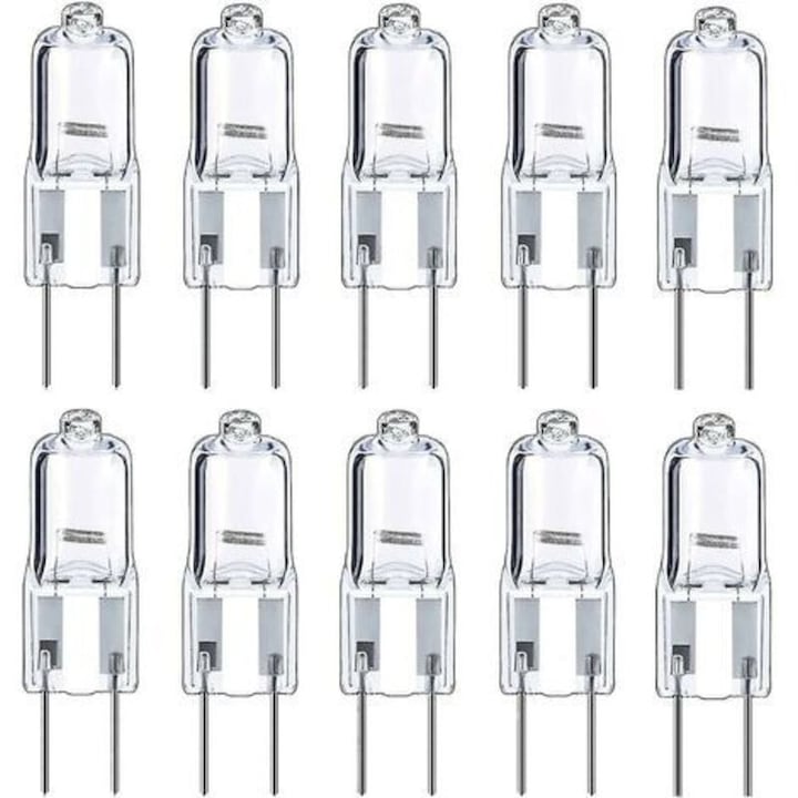 Becuri halogen G4, 12V 10W, alb cald, set de 10, dimabil, dimensiune standard 8x33mm