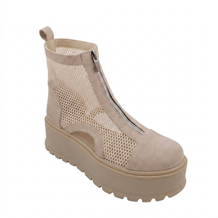 Ghete dama, SandAli, piele intoarsa cu plasa respirabila, talpa wedge, fermoar frontal, bej