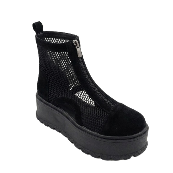 Ghete dama, SandAli, piele intoarsa cu plasa respirabila, talpa wedge, fermoar frontal, negru