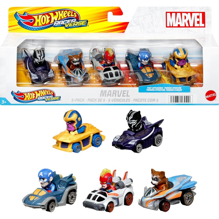Комплект от 5 метални колички Hot Wheels RacerVerse Marvel с фигурки, многоцветни, 3+ години