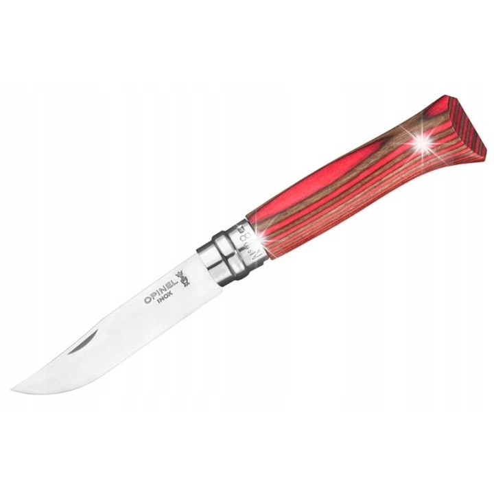Cutit Opinel No. 08, inox laminat, lemn de mesteacan natural vopsit rosu, 192mm, set cu etui albastru