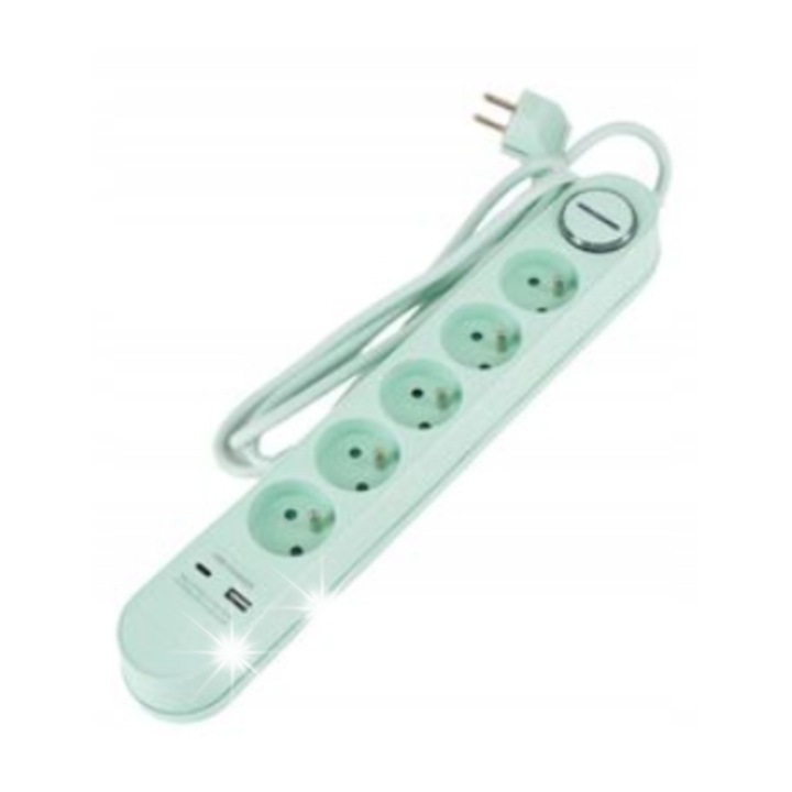 Hykker hosszabbító, 1,5m, 5 aljzat, USB, zöld