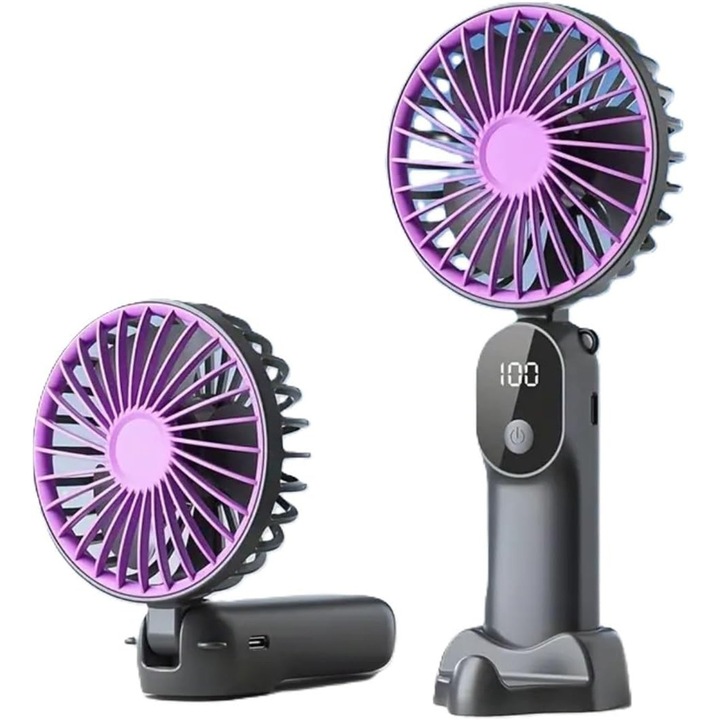 Ventilator de Mana Portabil - Ventilator de Mare Viteza, Design Compact, 13550 RPM, 6 Trepte de Viteza, Afisaj Digital, Reincarcare USB, Pliabil 180°, Ultra Usor 110 g, pentru Vara, Ideal pentru Calatorii, Camera, Birou, Terasa, Negru, 20.2 x 9 x 3.7cm