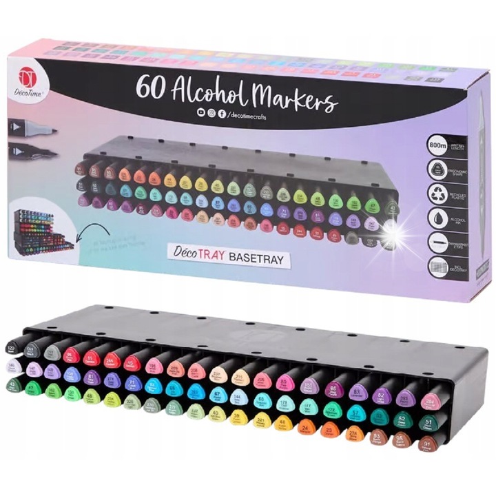 Set 60 Markere Alcoholice Twinmarker, DecoTime, 2 tipuri de varfuri, culori variate, etui plastic