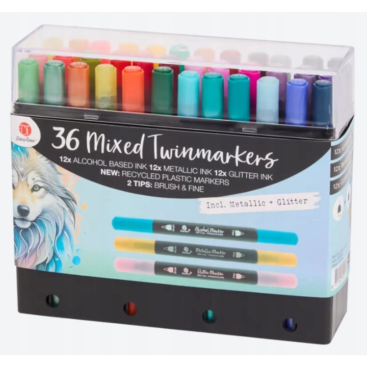 Set markere duale DecoTime, 36 bucati, metalic, glitter, culori variate