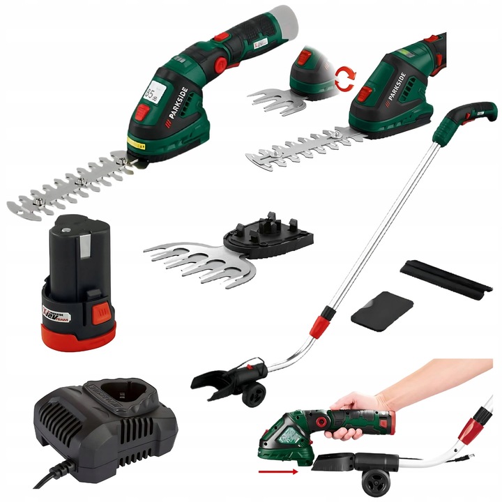 Parkside PGSA 12V kerti olló, 2Ah akkumulátorral, töltővel, teleszkópos nyéllel, 12cm, 17cm, többszínű