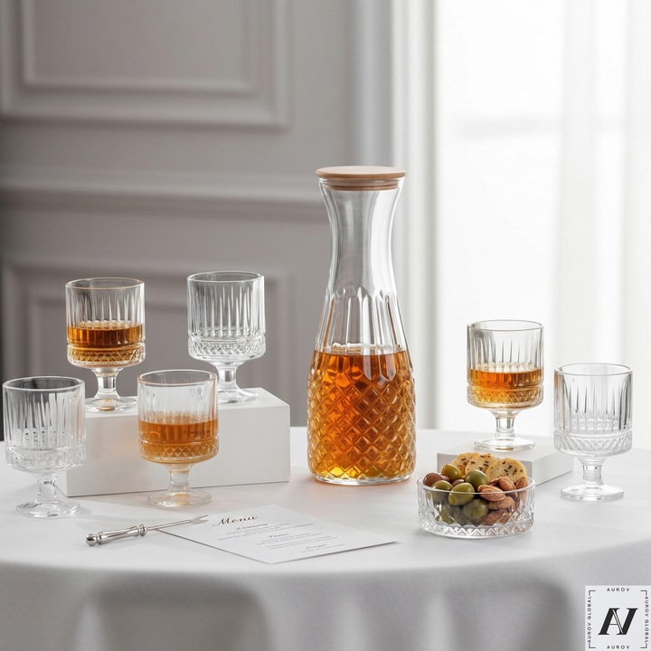 Carafa és 6 Pohár Szett Aurov®, Átlátszó Üveg, Bambusz Fedél, Limonádéhoz, Röviditalhoz vagy Gyümölcsléhez, 1200ml / 200ml, Átlátszó