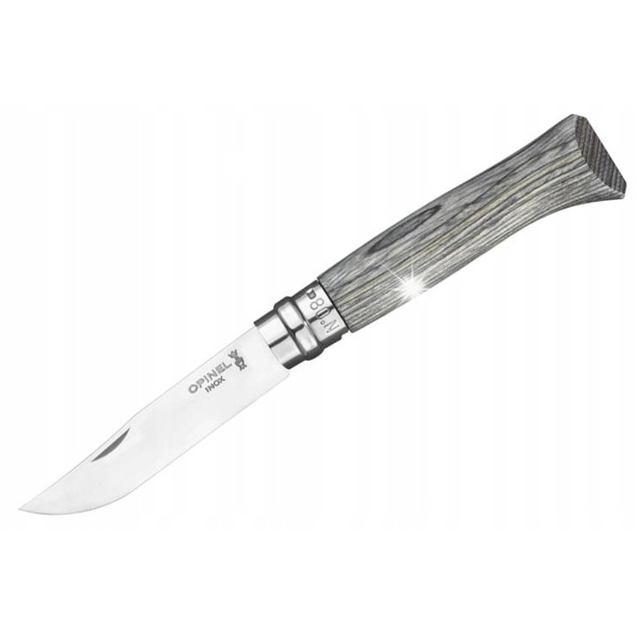 Cutit Opinel No. 08, inox laminat, gri natural, 192mm, cu sistem de blocare Virobloc, set cu etui albastru