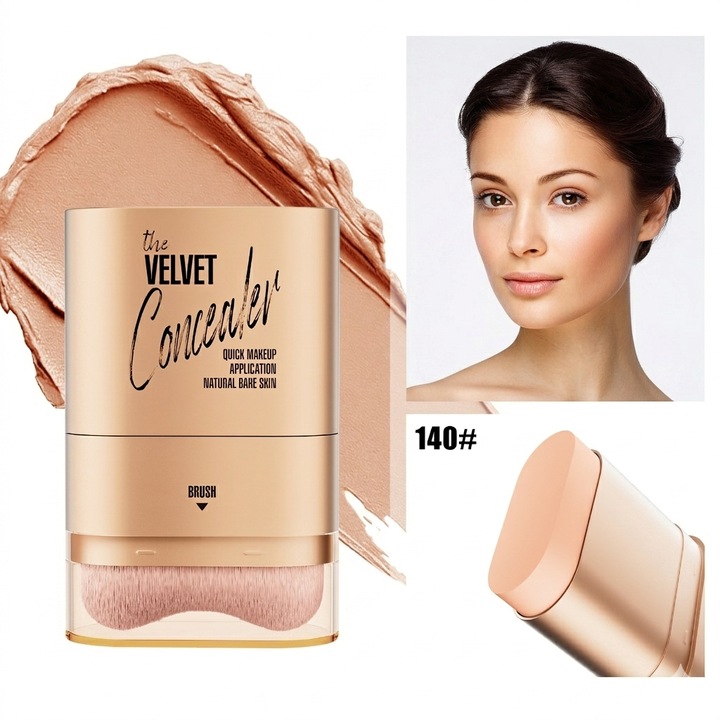 Anticearcan HelloKiss 2-in-1 cu Perie Integrata, Corector Crema Waterproof Acoperire Totala pentru Cearcane, Tatuaje, Semne Nastere si Acnee, Fond de Ten Stick Hidratant Rezistent, 140# Deschis Natural