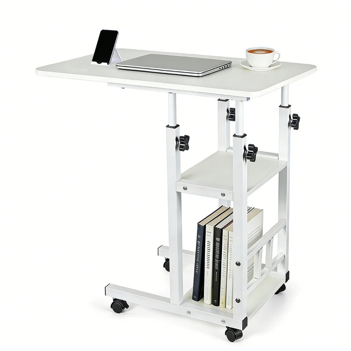 Birou mobil pentru laptop, Zola, inaltime reglabila 64-86 cm, 2 rafturi, roti cu frana, cadru metalic, blat 80 x 40 cm, alb