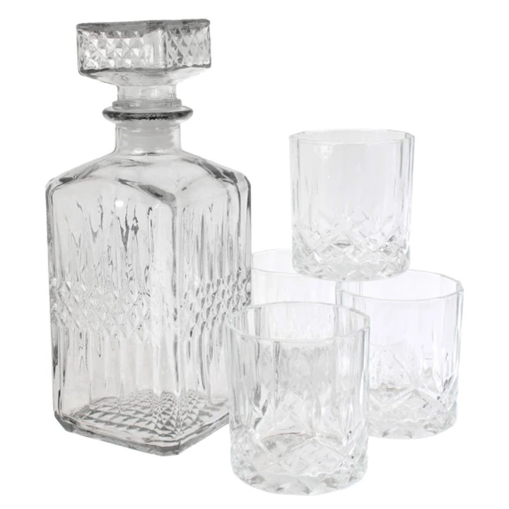 Whisky dekantáló szett 4 pohárral, átlátszó üveg, 940 ml, 200 ml, elegáns
