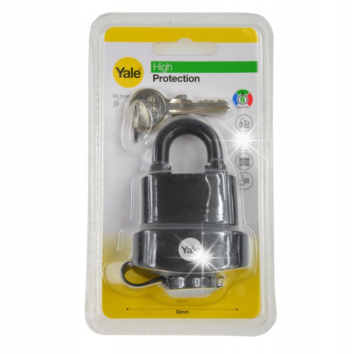 Yale lakat, YAL016 modell, időjárásálló, acél test, 3 kulcs, méretek 45,9x44,6x23,2mm