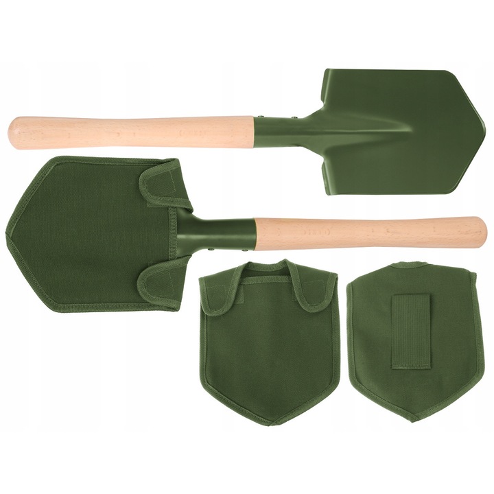 Lopata militara MFH, cu maner din lemn, 57x15cm, culoare olive, greutate 781g, set cu husa