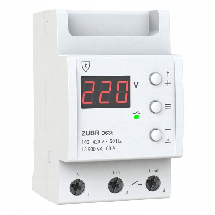 Releu de tensiune ZUBR D63t, 63A, protectie termica, 100-420V AC, dimensiuni 53x85x66mm