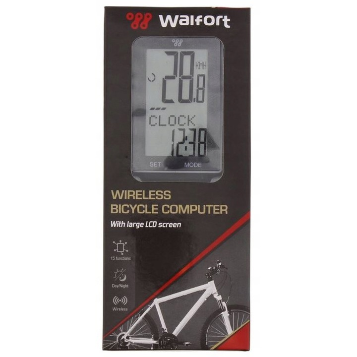 Ciclocomputer bicicleta Walfort, 15 functii, fara fir, negru