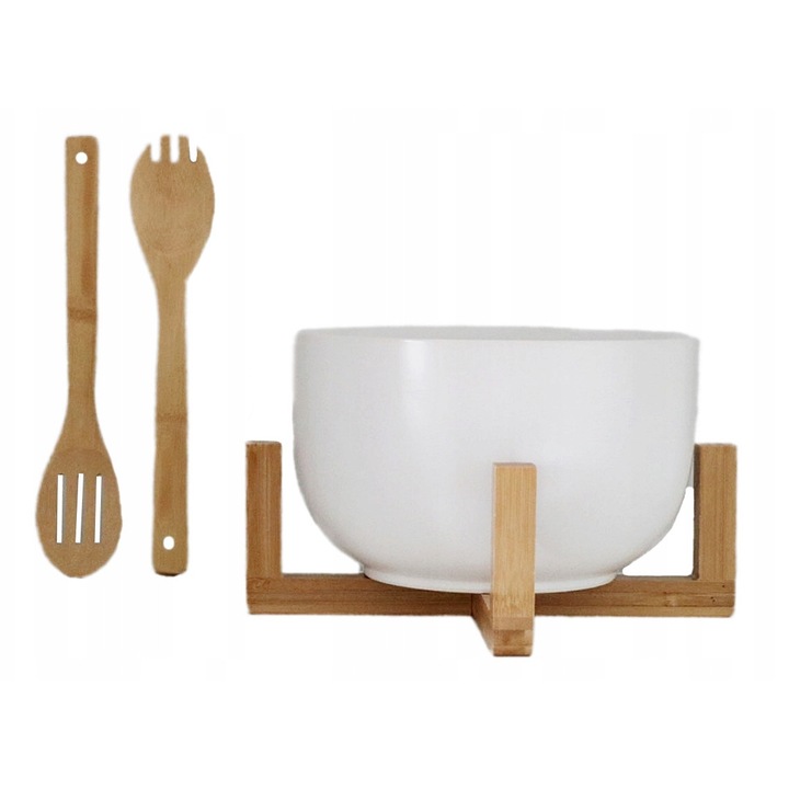 Bol din portelan MPLCo cu suport din bambus si set de linguri, 24cm, alb, 2 bucati