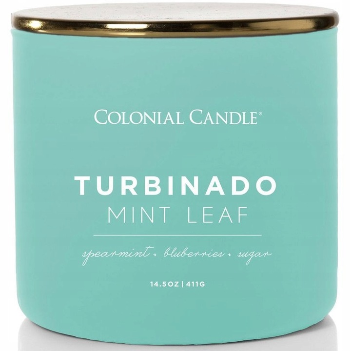 Lumanare parfumata Colonial Candle Turbinado Mint Leaf, 411g, 3 knoti, sticla colorata, miros de menta si fructe