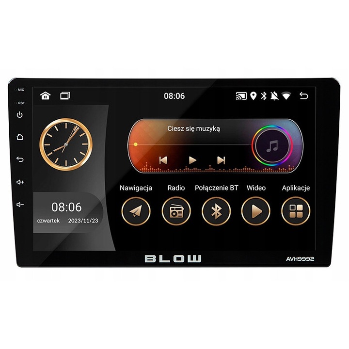 BLOW AVH-9992 2 DIN autórádió, 9 hüvelykes, Full HD, Bluetooth, WiFi, GPS, CarPlay, fekete színű, méretek 229x131x40mm