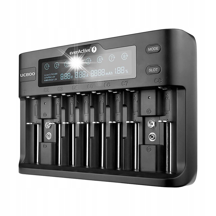 Incarcator pentru acumulatori cilindrici Li-ion si Ni-MH everActive UC-800, compatibilitate maxima, dimensiune maxima 76mm