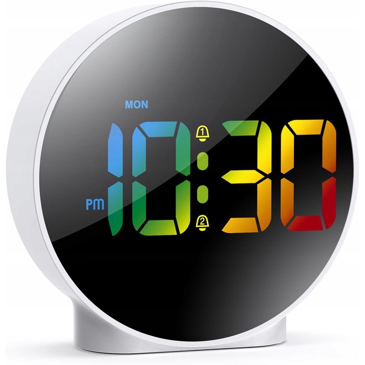 Ceas decorativ LED RGB, design modern, 2 moduri de alarma, alb, compact