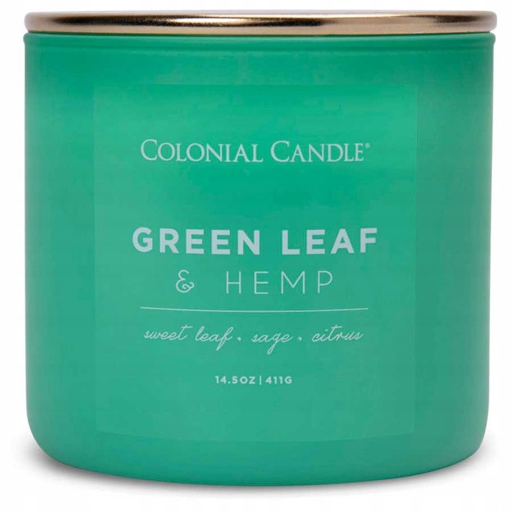 Lumanare parfumata Colonial Candle Pop Of Color, Green Leaf & Hemp, 3 knoti, 411 g, sticla mata