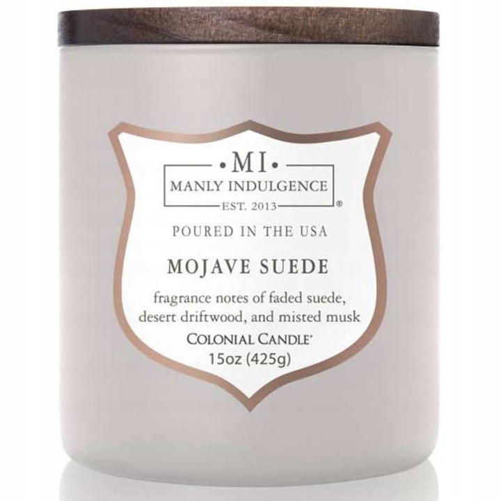 Lumanare parfumata Colonial Candle Mojave Suede, 425g, cu knot din lemn, note de piele si flori, ambalaj elegant