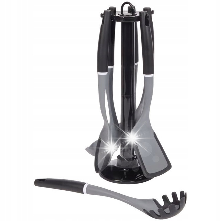 Set ustensile de bucatarie Redstone 6 piese cu suport rotativ, rezistente la temperaturi ridicate, gri-negru