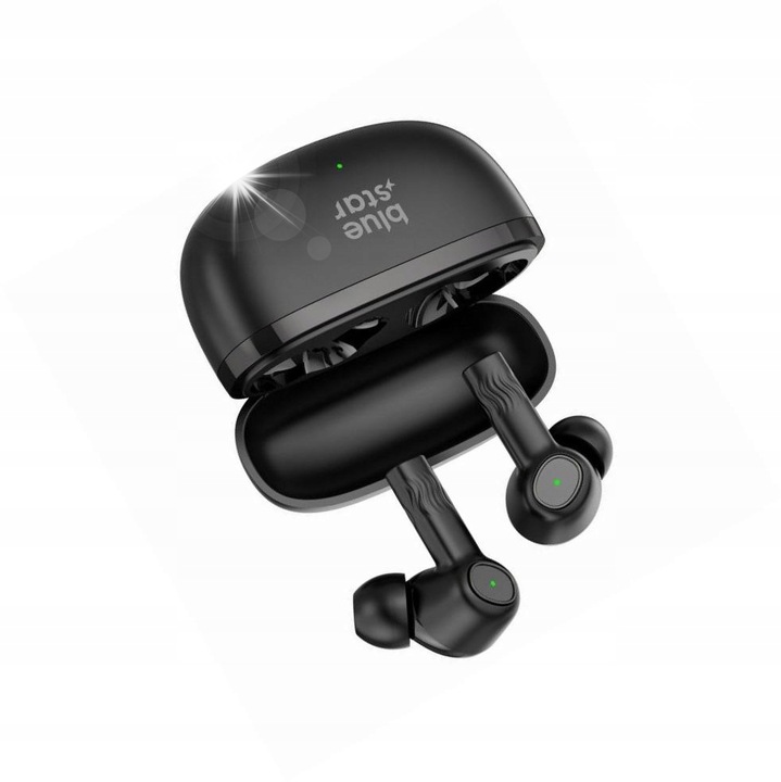 Casti wireless TWS Blue Star cu ANC si ENC, negre, pentru Samsung Galaxy A15 5G, set cu etui de incarcare
