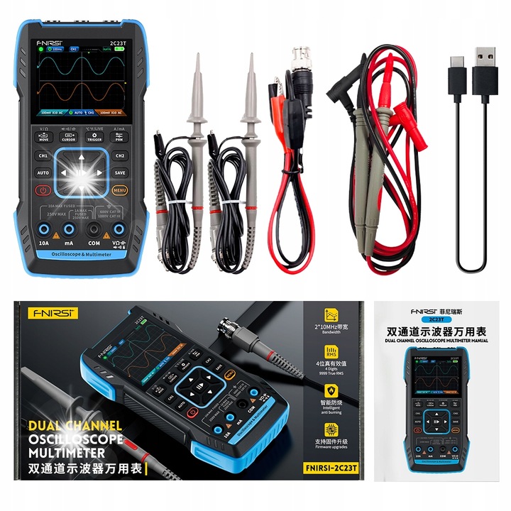 Osciloscop 2 canale cu multimetru si generator 10MHz, FNIRSI 2C23T, 2x sonde, 2,8" LCD, 3000 mAh, negru-albastru