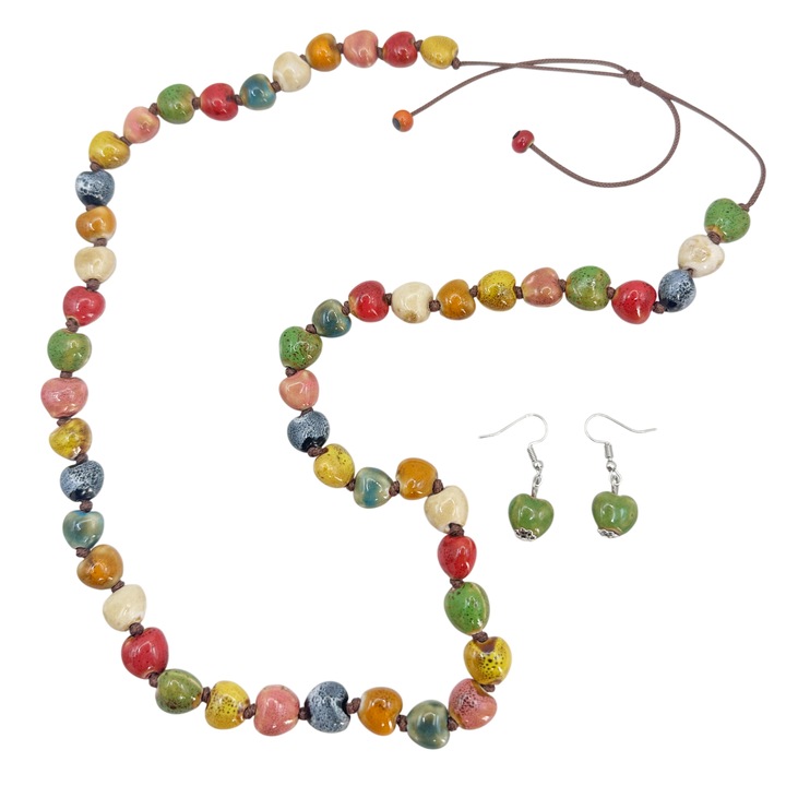 Set Colier si Cercei Ceramica BOHO inimioare, Galben/Multicolor, Reglabil