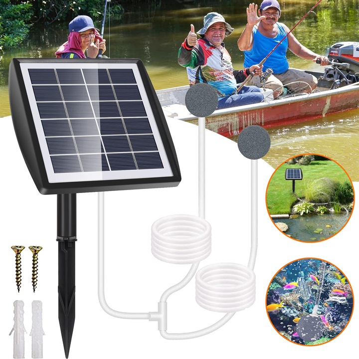 Pompa De Oxigen Solara, Oxigenator Solar Pentru Acvariu De 6v 2w Cu Teava De 2, 5 M Si 2 Pietre Cu Bule De Aer, Pompa Aerator Solar De Oxigen Pentru Exterior, Pentru Acvariu, Piscina, Gradina Si Iaz