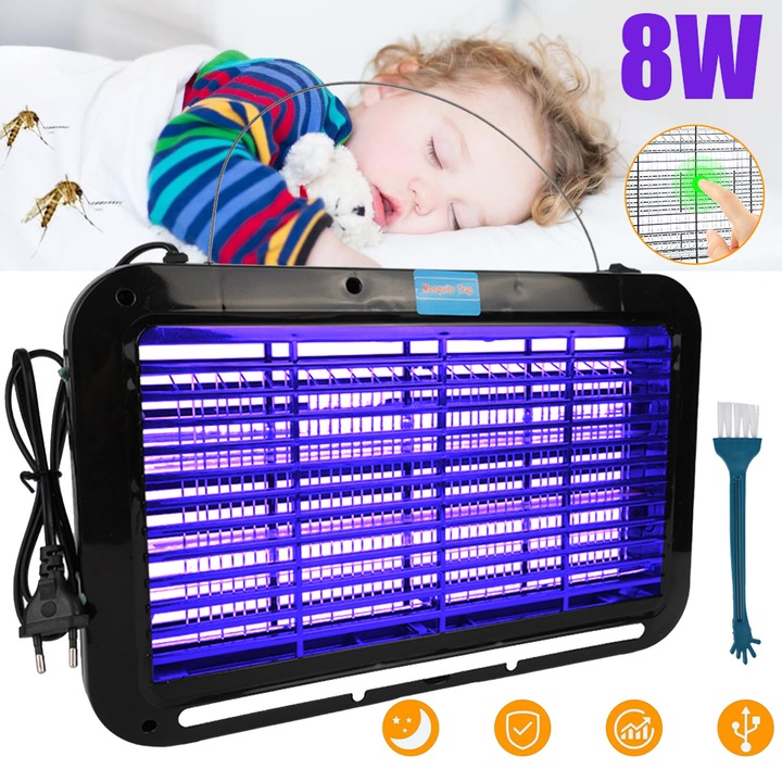 Lampa Uv Anti Insecte, Aparat Anti Tantari, Lampa Electrica Anti-Tantari Pentru Interior, Cu Tuburi Led Uv, Anti-Tantari Cu Grila Sigura, Tava Detasabila, Cablu, Pentru Bucatarie, Dormitor Si Casa