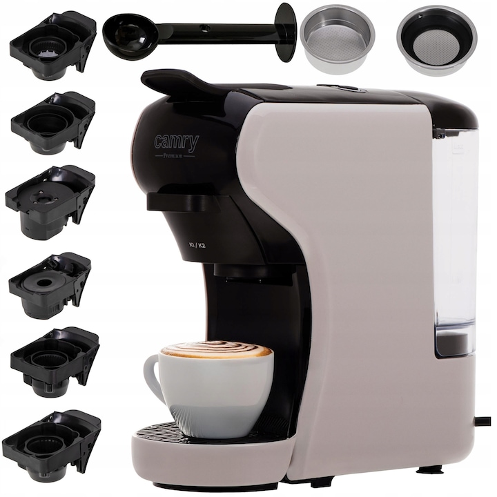 Кафемашина с капсули 11в1 Camry, 19 бара, 1450W, комплект с адаптери за Nespresso, Dolce Gusto, Lavazza, Caffitaly, Tchibo, размери 26,5x25,5x9,7см