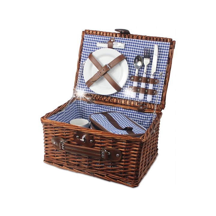 Cos de picnic Zolta, rattan, set complet pentru 2 persoane, termotorba, 38x28x20cm, alb-albastru