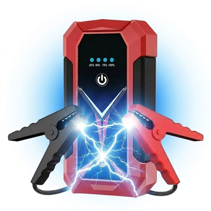 Starter Auto Portabil iBLU smart®, Starter Baterie Auto 2000A, Baterie 10000mAh/37000 mWh, Functie Power Bank, Lanterna LED 4 Moduri, Busola, Pentru Motoare 12V, Benzina 8.0L/Diesel 5.0L, Protectie Inteligenta, USB-C, Rosu/Negru
