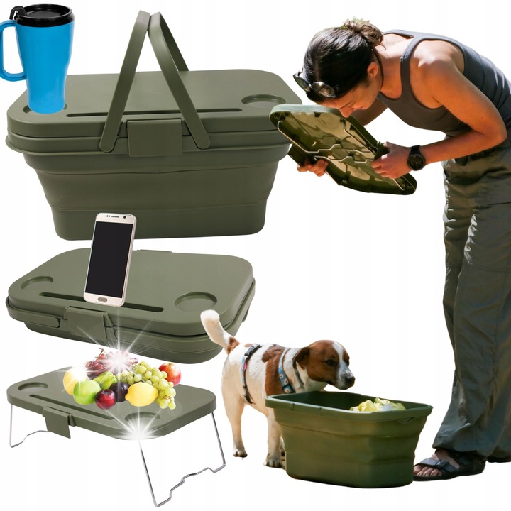 Cos pliabil 3 in 1, verde, 15L, cu manere, pentru picnic, masa si taiat