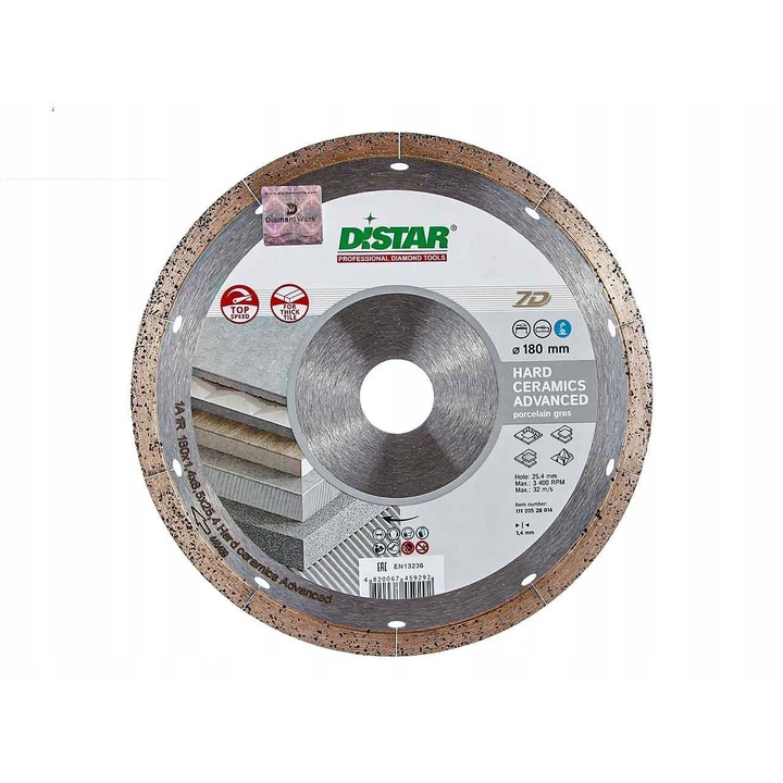 Диамантен диск Distar 180x25.4mm за дебел фаянс, дебелина 1.4mm, ширина на рязане 8.5mm
