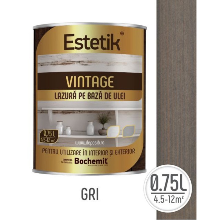 Lazura lemn ESTETIK VINTAGE 0.75L GRI, protectie UV