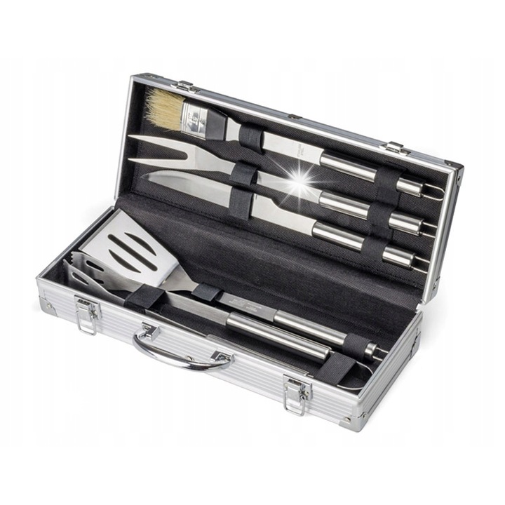 Set ustensile gratar, 5 piese, metal, valiza, 36,5x14,0x7,9cm