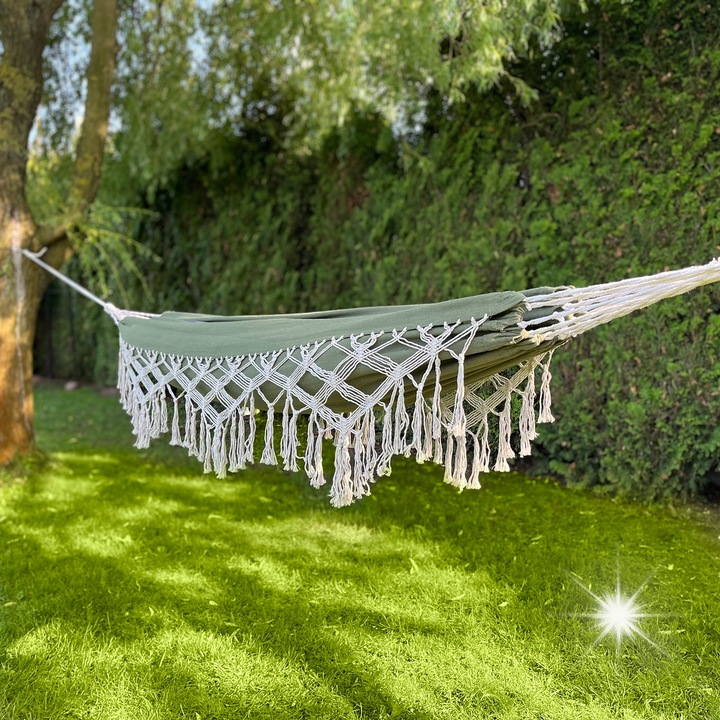 Hamak boho cu franjuri, 200x150cm, 200kg, set cu sac de transport